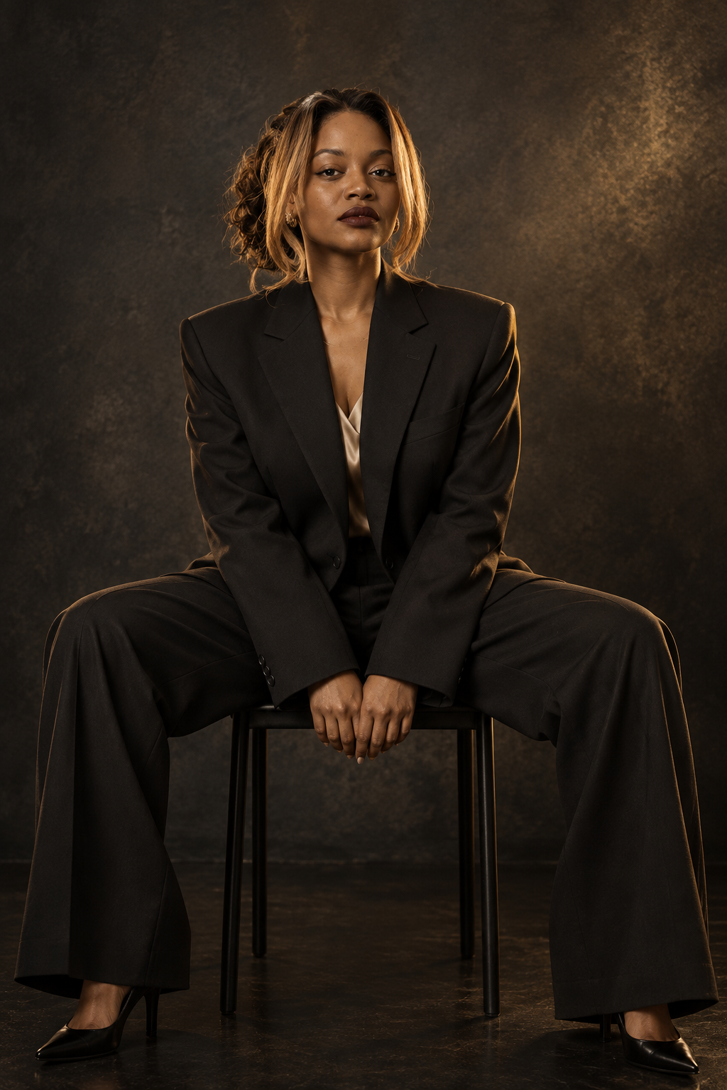 Genesis Alana seated on a stool against a gold-lit background